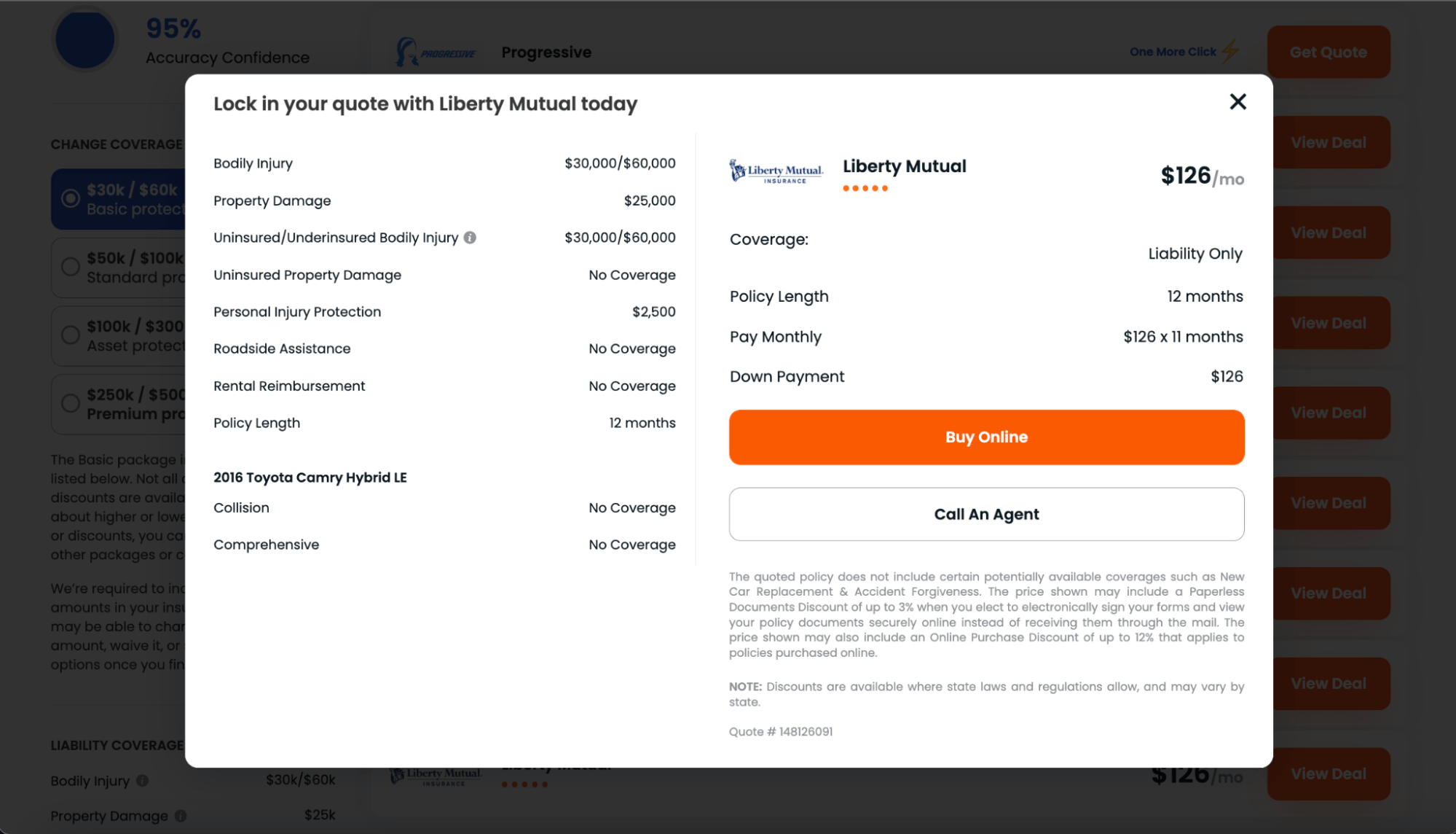 A Liberty Mutual car insurance policy on Insurify’s website