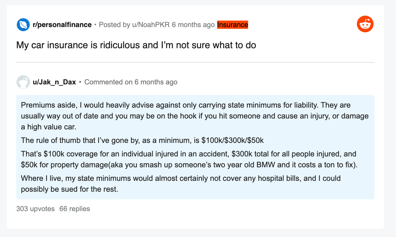 Reddit post writing that their car insurance is ridiculous, and they're not sure what to do.