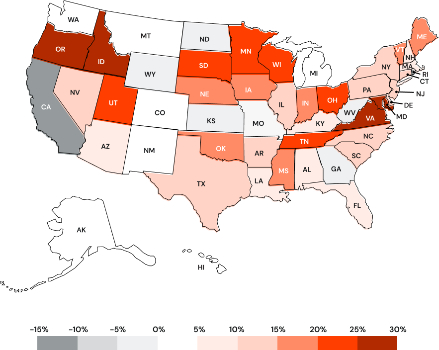 Heat map of the United States showing the how car insurance rates changed in every state between 2021 and 2022.