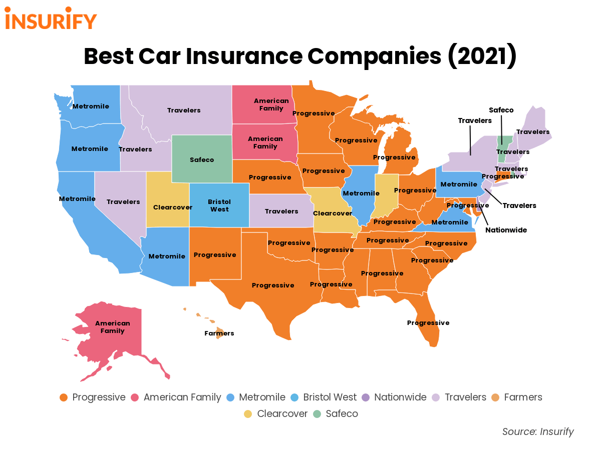 A map of the best car insurance companies by state in the United States