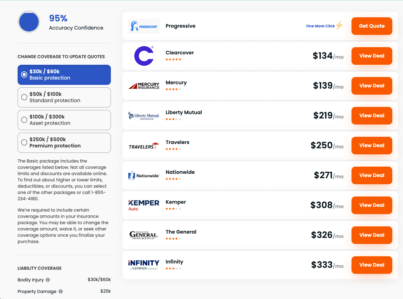 Insurify page showing real car insurance quotes