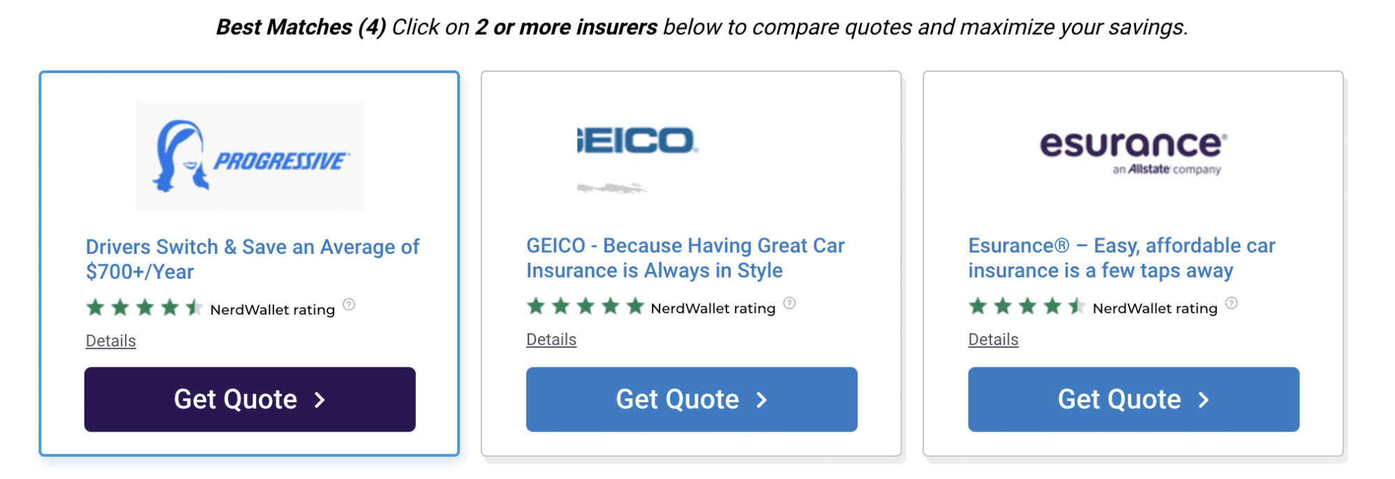 cards to click and get quotes from progressive, geico, esurance